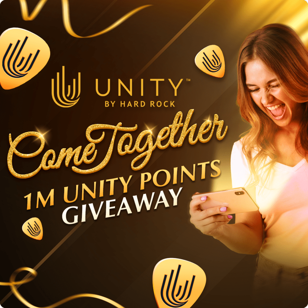 Square version of come together 1m unity points giveaway promotional banner with an excited woman holding a phone