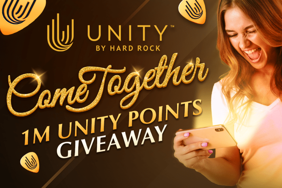 Square version of come together 1m unity points giveaway promotional banner with an excited woman holding a phone