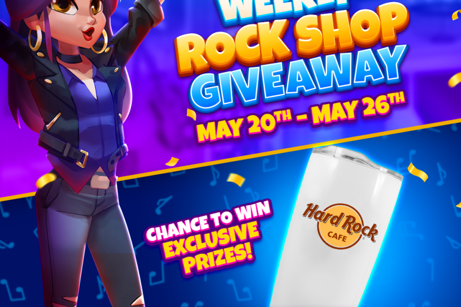 Hard rock rock shop weekly giveaway promotional banner for may 20th to may 26th featuring a hard rock cafe tumbler and an animated character