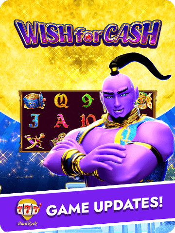 "hard rock blackjack casino wish for cash game update featuring a purple genie, slot symbols, and a golden backdrop. "