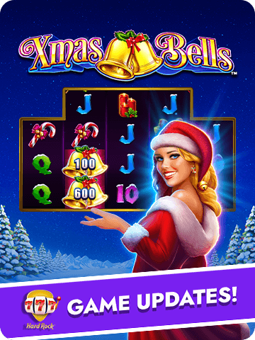 Hard rock blackjack casino game update featuring xmas bells slot, a festive santa helper, bell symbols, and holiday-themed slot icons.