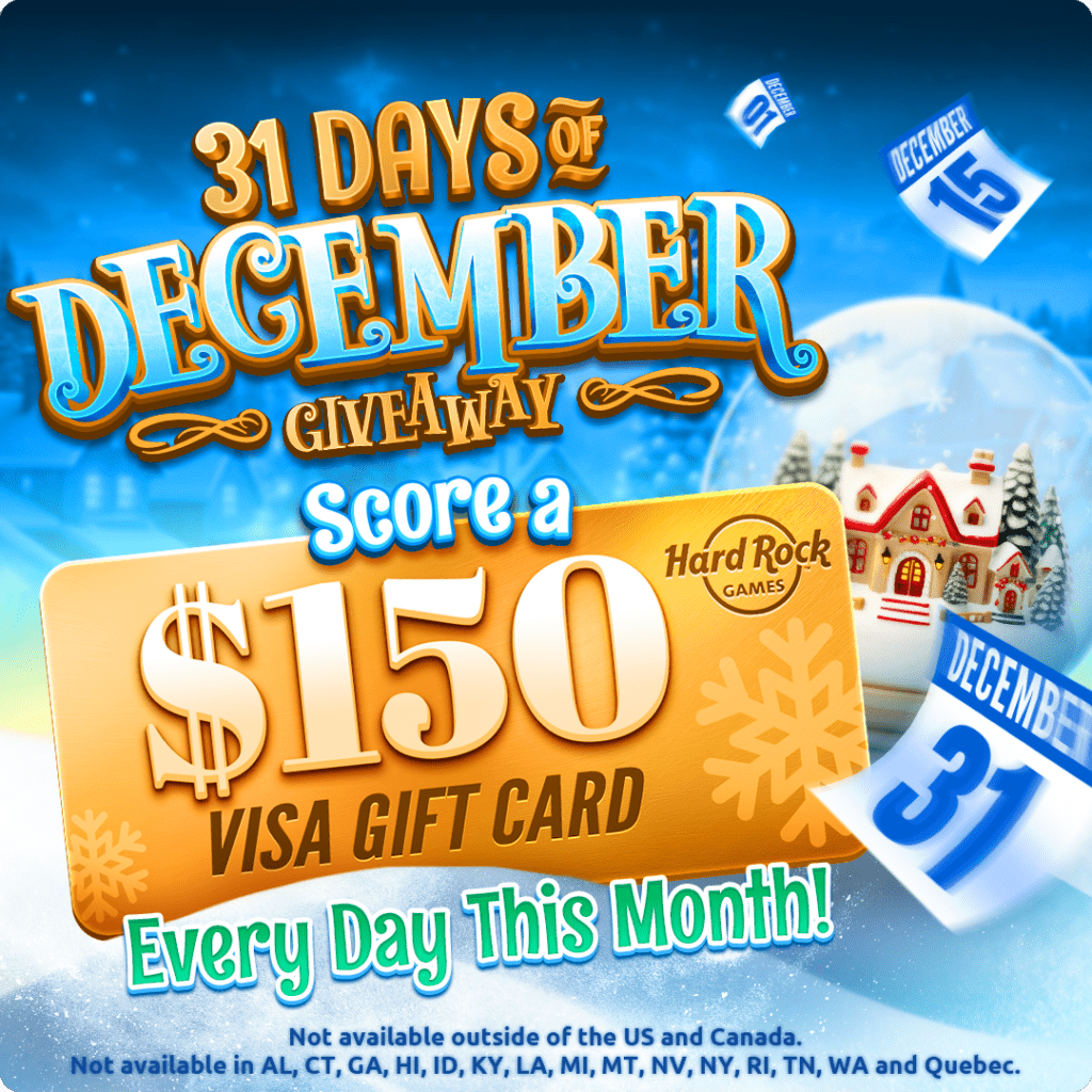 Hard rock slots promotion featuring the '31 days of december giveaway' with a $150 visa gift card, festive snow globe, and flying december calendar dates.