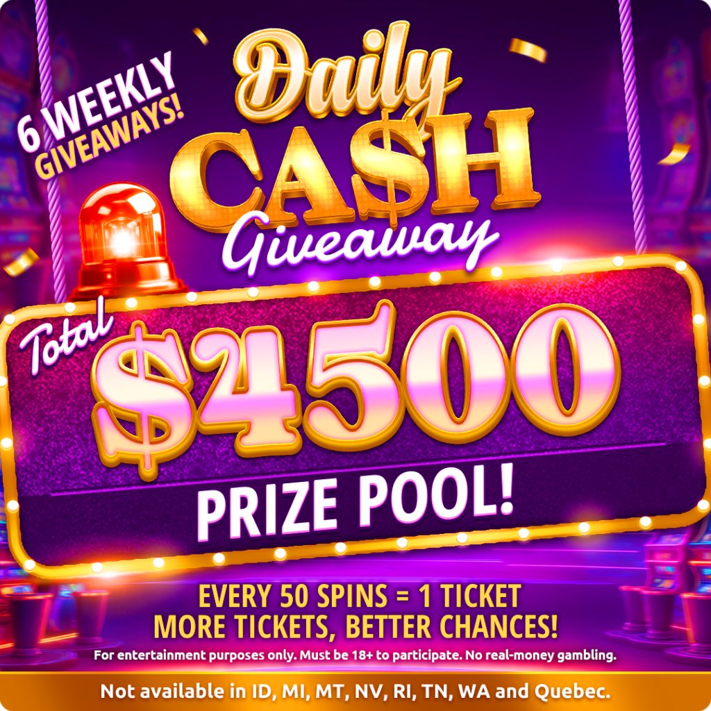 Daily cash giveaway banner with a $4,500 prize pool, bright lights, and a casino-themed background featuring slot machines.