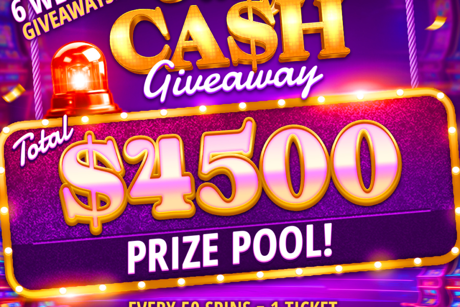 Daily cash giveaway banner with a $4,500 prize pool, bright lights, and a casino-themed background featuring slot machines.