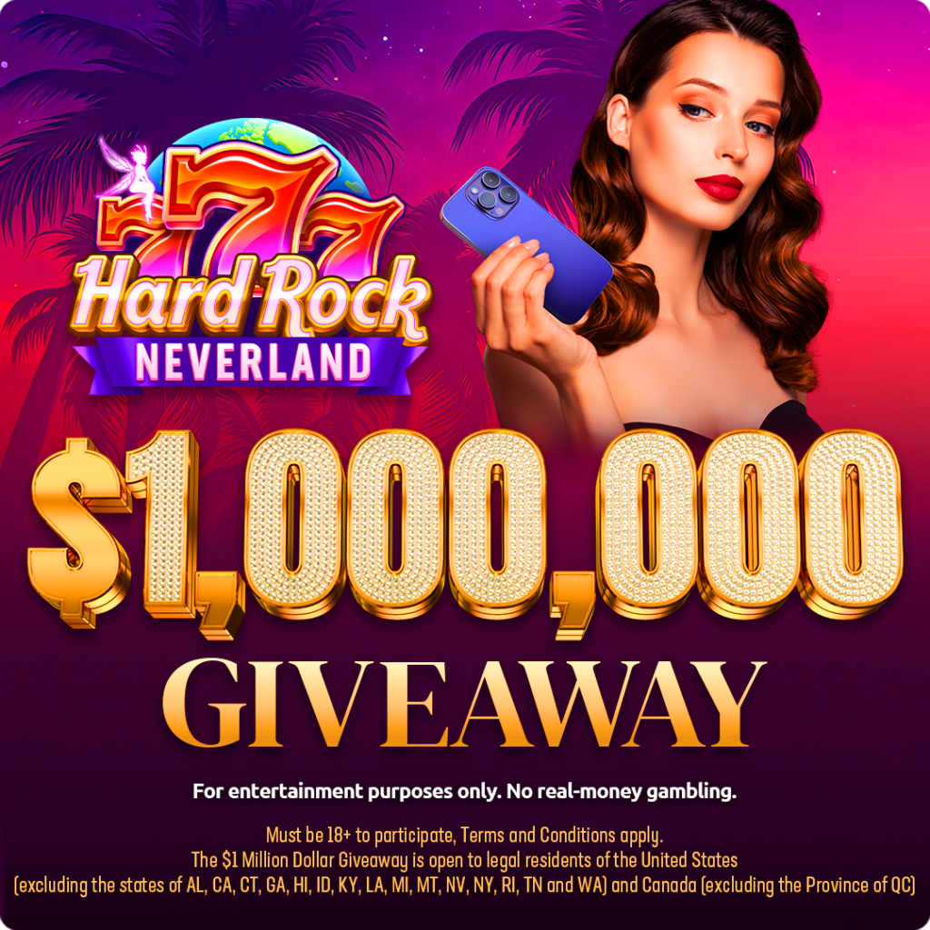 Hard rock neverland $1,000,000 giveaway banner with a woman holding a smartphone and vibrant casino-themed background