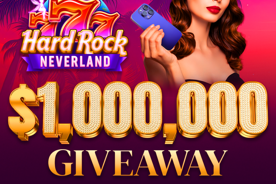 Hard rock neverland $1,000,000 giveaway banner with a woman holding a smartphone and vibrant casino-themed background