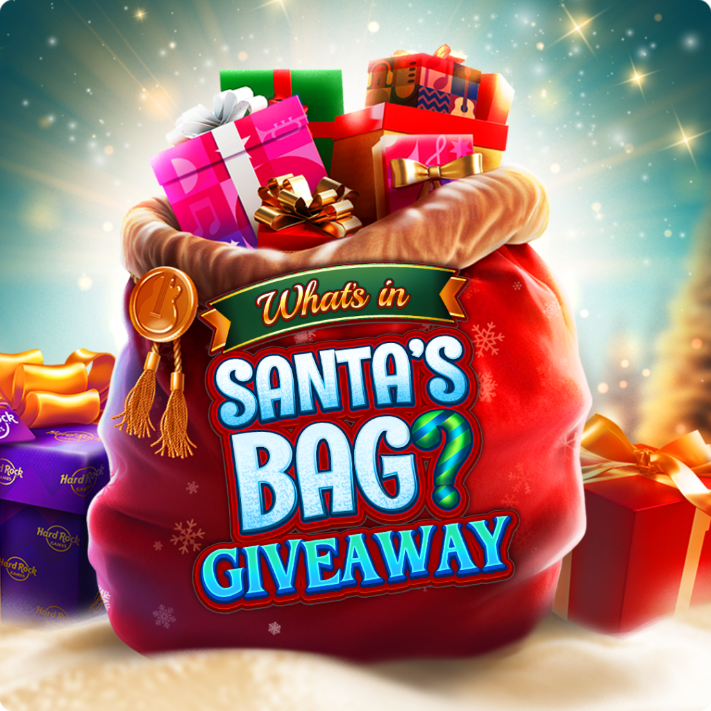 Santa’s bag giveaway banner featuring a red sack filled with colorful gift boxes and festive decorations.